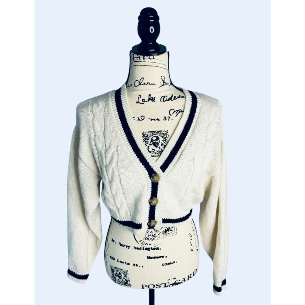 Love Tree Ivory Cable Knit Cropped Varsity Cardigan Black Contrast Trim – Size M